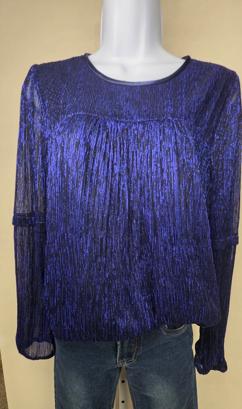 Anthropologie Moulinette Soeurs M Blue Metallic Plisse Shimmer Blouse 0118